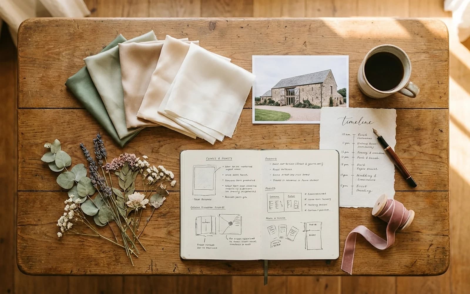 A wedding planner's moodboard flat-lay with swatches, florals and a timeline