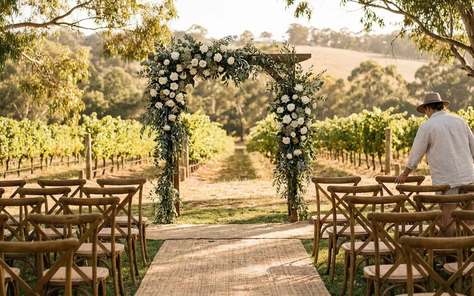 A styled wedding ceremony being set up at an Adelaide Hills venue