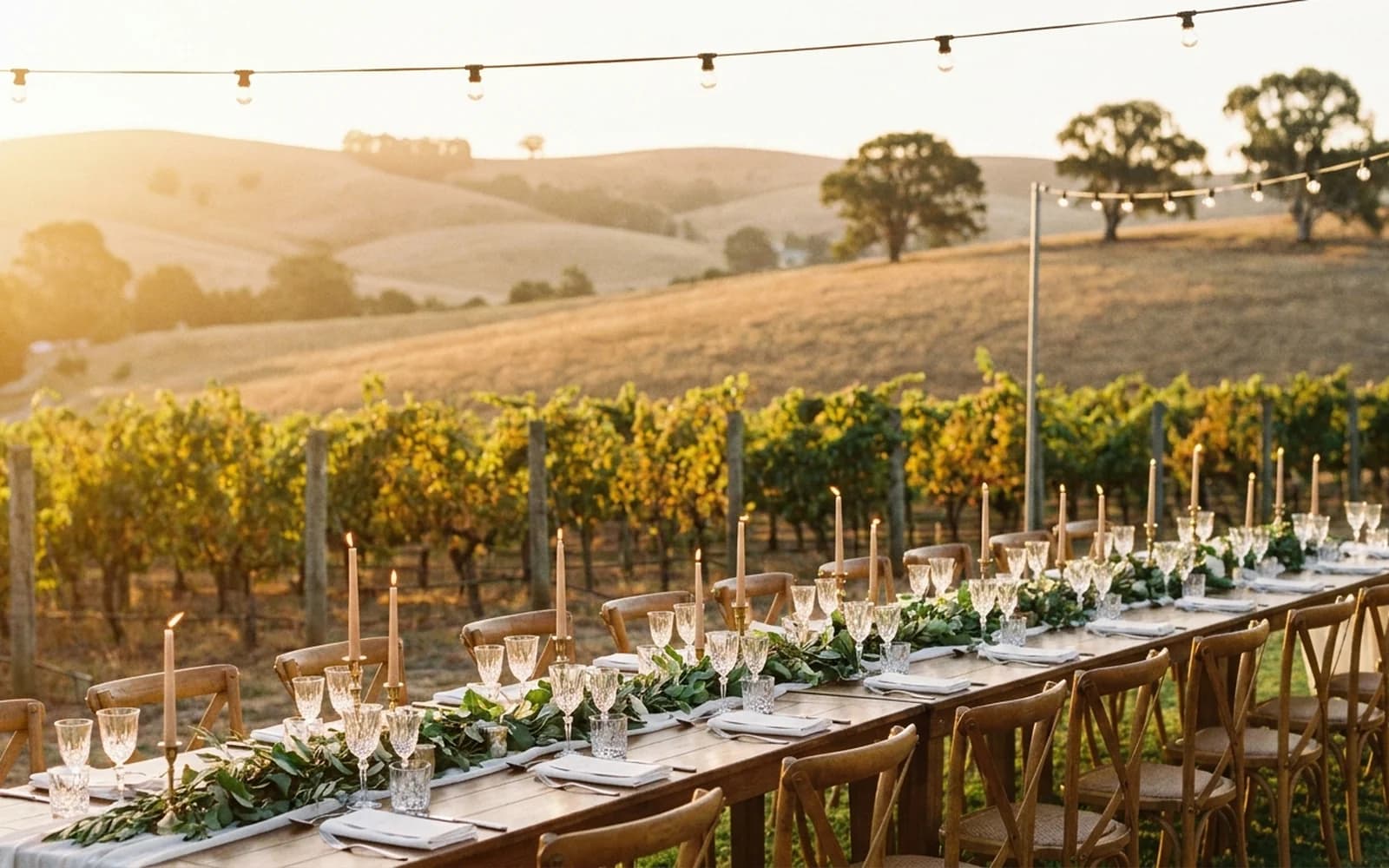 A vineyard wedding reception at golden hour in a South Australian winery