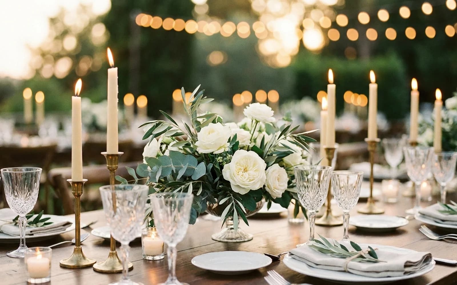 A styled wedding reception table detail with florals and candlelight
