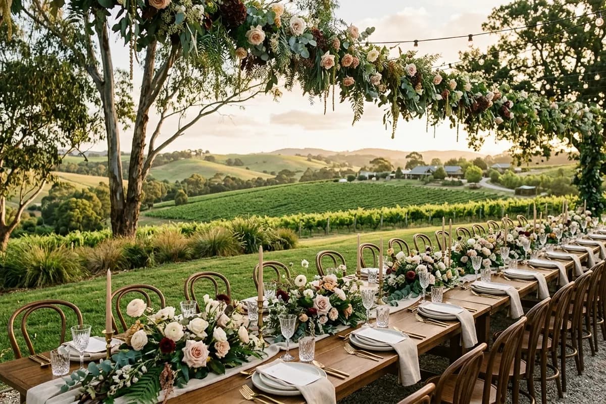 A vineyard wedding setting in the green Adelaide Hills at golden hour
