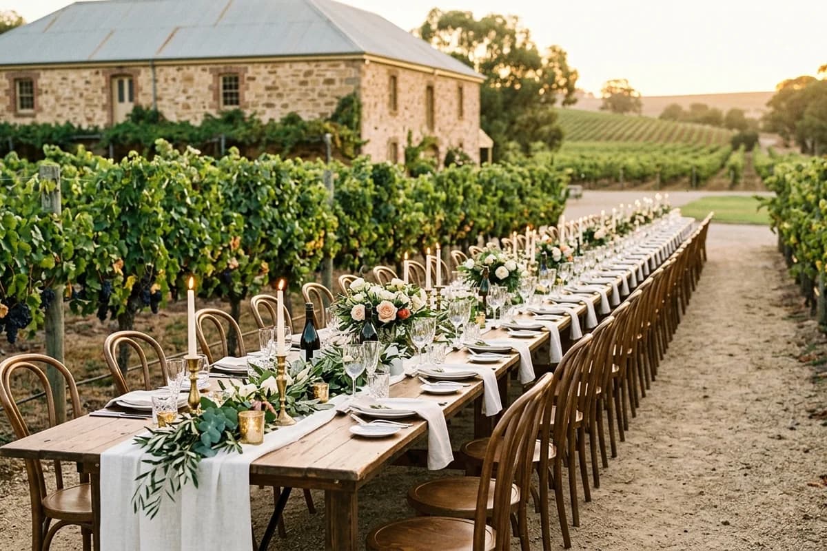A long-table wedding reception among the vines in the Barossa Valley