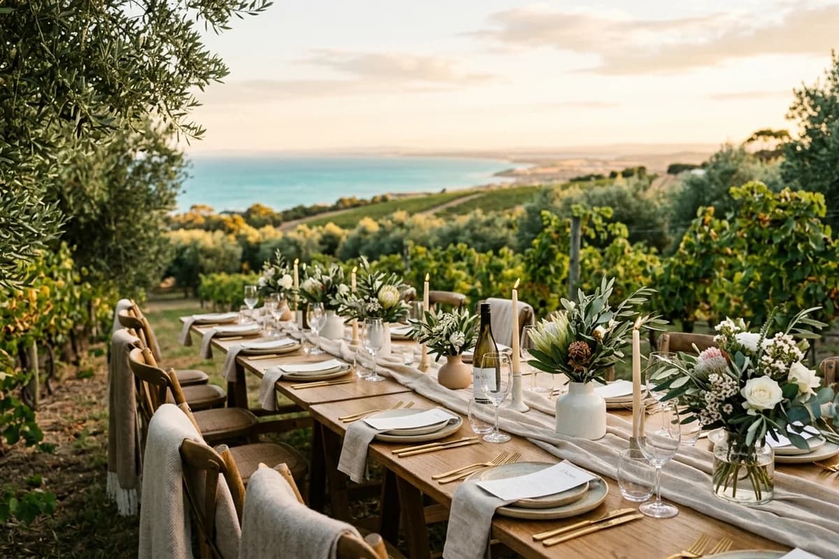 A coastal vineyard wedding setting in McLaren Vale at golden hour