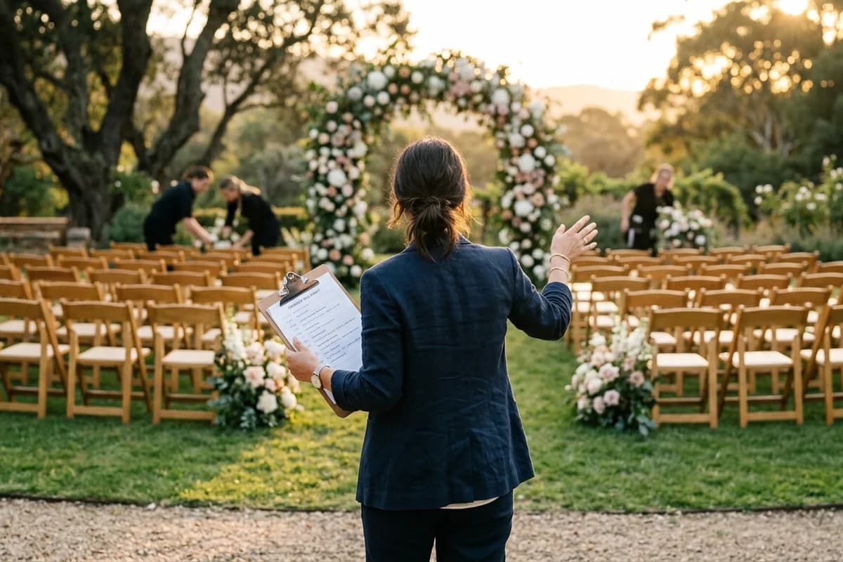 A wedding coordinator with a run sheet directing a ceremony set-up