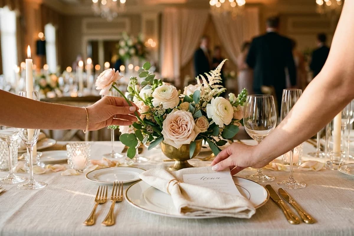 A wedding coordinator checking final details at a reception set-up
