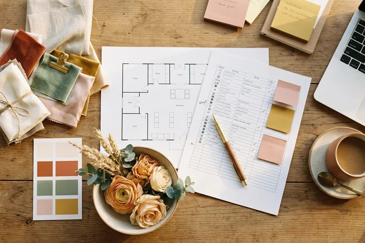 A wedding planner's desk with venue plans, swatches and a run sheet