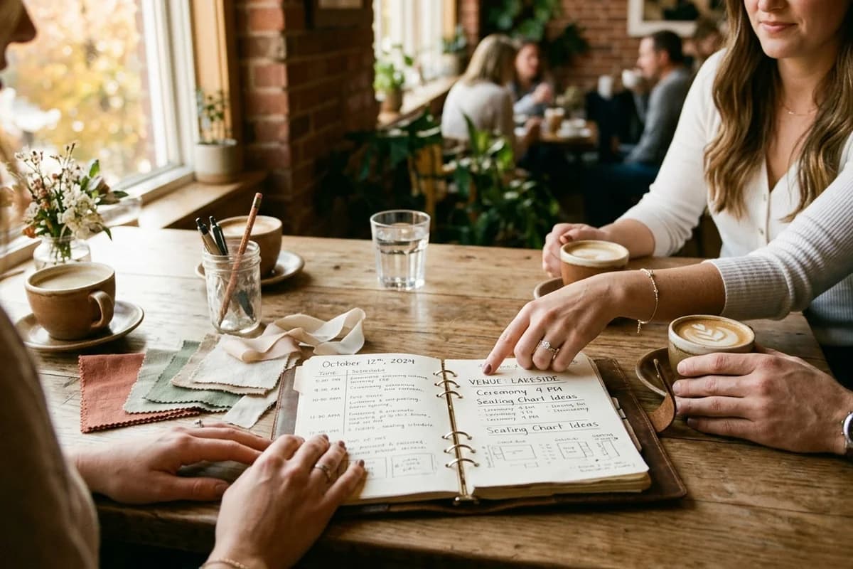 A couple reviewing a wedding plan with a planner over coffee